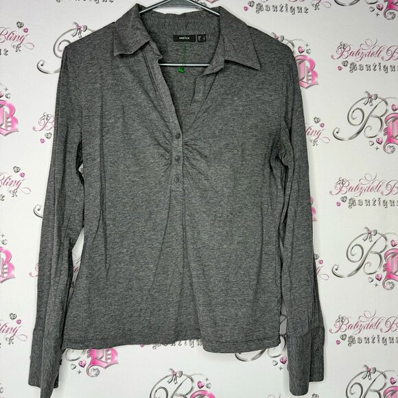 Mexx Tops - MEXX shirt button down top grey stretchy lounge comfy collar collared long